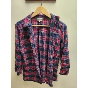 Hester & Orchard Womens Plaid Flannel Shirt Navy Blue Red Raw Hem Size L